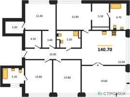 Планировка 4+ комнатной(квартира) площадью 140.7 квадратных метров в “ЖК Остров”