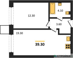 Планировка однокомнатной(квартира) площадью 39.3 квадратных метров в “Сити квартал Отрада”