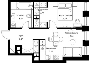 Планировка однокомнатной(квартира) площадью 44.61 квадратных метров в ЖК “ЖК Сити Бэй”