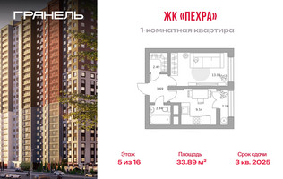 Планировка однокомнатной(квартира) площадью 33.89 квадратных метров в “ЖК Пехра”