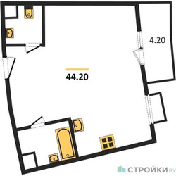 Планировка однокомнатной(квартира) площадью 44.2 квадратных метров в ЖК “ЖК Римский”