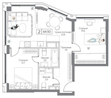 Планировка двухкомнатной(квартира) площадью 64 квадратных метров в “ЖК Дрим Рива”