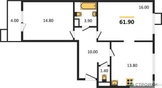 Планировка двухкомнатной(квартира) площадью 61.9 квадратных метров в “ЖК ЮЖНАЯ БИТЦА”