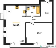 Планировка однокомнатной(квартира) площадью 54.66 квадратных метров в “ЖК Квартал Авиаторов”