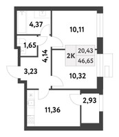 Планировка двухкомнатной(квартира) площадью 46.65 квадратных метров в “ЖК Smart Garden (Смарт Гарден)”