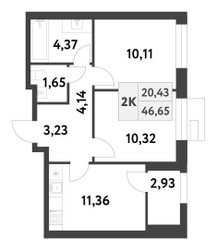 Планировка двухкомнатной(квартира) площадью 46.65 квадратных метров в ЖК “ЖК Smart Garden (Смарт Гарден)”