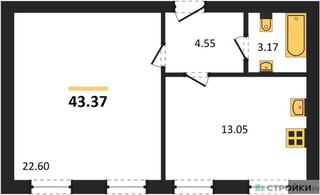 Планировка однокомнатной(квартира) площадью 43.37 квадратных метров в “ЖК Парк Апрель”