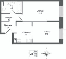 Планировка двухкомнатной(квартира) площадью 45.5 квадратных метров в “ЖК КИНОКВАРТАЛ”