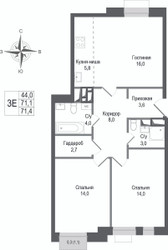 Планировка трехкомнатной(квартира) площадью 71.1 квадратных метров в ЖК “ЖК КИНОКВАРТАЛ”