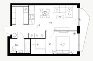 Планировка однокомнатной(квартира) площадью 43.2 квадратных метров в “ЖК Строгино 360”