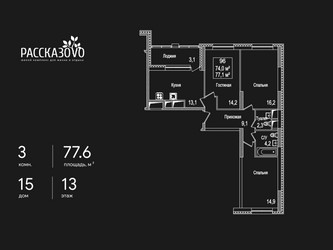 Планировка трехкомнатной(квартира) площадью 77.6 квадратных метров в ЖК “ЖК Рассказово”