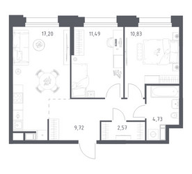 Планировка двухкомнатной(апартаменты) площадью 56.54 квадратных метров в ЖК “ЖК Апарт-отель Тропарево парк”