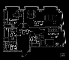 Планировка двухкомнатной(квартира) площадью 68.6 квадратных метров в “ЖК СЕЗАР БУДУЩЕЕ”