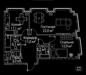 Планировка двухкомнатной(квартира) площадью 68.6 квадратных метров в ЖК “ЖК СЕЗАР БУДУЩЕЕ”