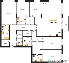 Планировка 4+ комнатной(квартира) площадью 232 квадратных метров в ЖК “ЖК Вишневый сад”