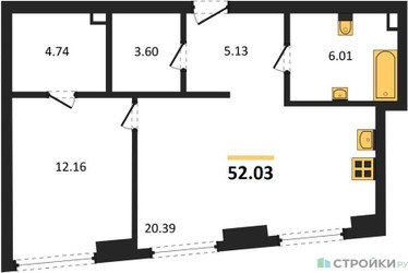 Планировка однокомнатной(квартира) площадью 52.03 квадратных метров в ЖК “ЖК "Гранд Фили"”