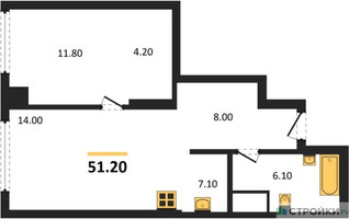 Планировка однокомнатной(квартира) площадью 51.2 квадратных метров в “ЖК Very (Вери)”