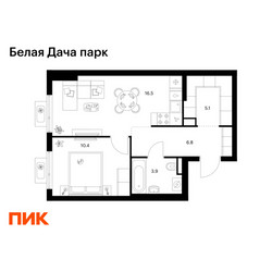 Планировка однокомнатной(квартира) площадью 42.7 квадратных метров в ЖК “ЖК Белая Дача парк”