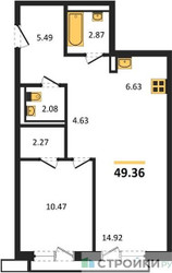 Планировка однокомнатной(квартира) площадью 49.36 квадратных метров в ЖК “ЖК Квартал Авиаторов”