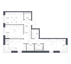 Планировка трехкомнатной(квартира) площадью 78.35 квадратных метров в ЖК “ЖК Богдановский Лес”