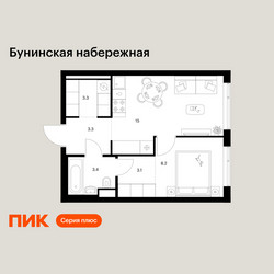Планировка однокомнатной(квартира) площадью 36.3 квадратных метров в ЖК “Бунинская набережная”