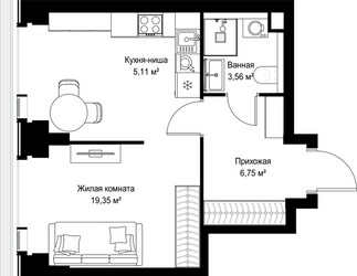 Планировка однокомнатной(квартира) площадью 34.77 квадратных метров в ЖК “Мультиквартал СИТИДЗЕН”