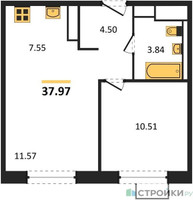 Планировка однокомнатной(квартира) площадью 37.97 квадратных метров в “ЖК Новое Внуково”