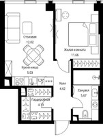 Планировка однокомнатной(квартира) площадью 43.13 квадратных метров в “ЖК Сити Бэй”