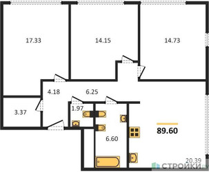 Планировка трехкомнатной(квартира) площадью 89.6 квадратных метров в ЖК “ЖК Headliner (Хедлайнер)”