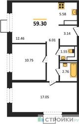 Планировка двухкомнатной(квартира) площадью 59.3 квадратных метров в ЖК “ЖК Алхимово”