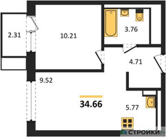 Планировка однокомнатной(квартира) площадью 34.66 квадратных метров в “ЖК Квартал Марьино”