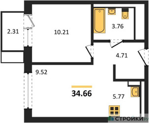 Планировка однокомнатной(квартира) площадью 34.66 квадратных метров в ЖК “ЖК Квартал Марьино”