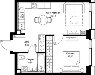 Планировка однокомнатной(квартира) площадью 43.1 квадратных метров в ЖК “Мультиквартал СИТИДЗЕН”