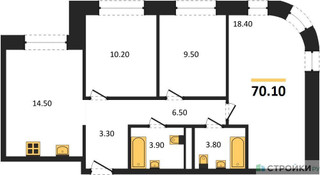 Планировка трехкомнатной(квартира) площадью 70.1 квадратных метров в “ЖК Шагал”