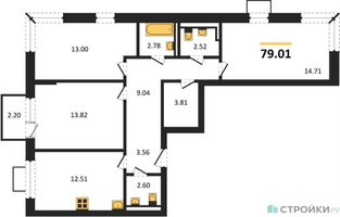 Планировка трехкомнатной(квартира) площадью 79.01 квадратных метров в “ЖК Богдановский Лес”