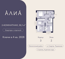 Планировка двухкомнатной(квартира) площадью 50.1 квадратных метров в “ЖК АЛИА”