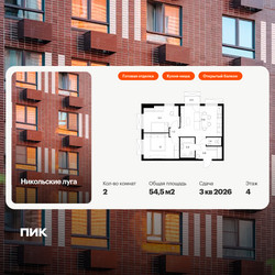 Планировка двухкомнатной(квартира) площадью 54.5 квадратных метров в ЖК “ЖК Никольские луга”