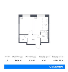 Планировка однокомнатной(квартира) площадью 36.34 квадратных метров в ЖК “ЖК Цветочные Поляны”