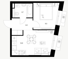Планировка однокомнатной(квартира) площадью 34.9 квадратных метров в ЖК “ЖК Саларьево парк”