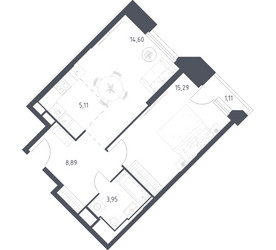 Планировка однокомнатной(апартаменты) площадью 48.95 квадратных метров в ЖК “ЖК Скай Спутник”