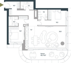 Планировка трехкомнатной(квартира) площадью 114.2 квадратных метров в ЖК “ЖК Springs (Спрингс)”