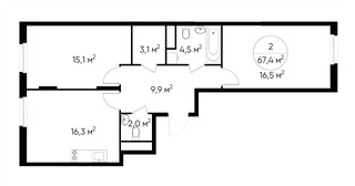 Планировка двухкомнатной(квартира) площадью 67.4 квадратных метров в “ЖК Переделкино Ближнее”