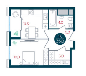 Планировка однокомнатной(квартира) площадью 35 квадратных метров в ЖК “ЖК РУСИЧ-Кантемировский”