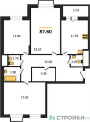 Планировка трехкомнатной(квартира) площадью 87.6 квадратных метров в ЖК “ЖК Римский”