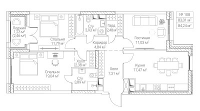 Планировка трехкомнатной(квартира) площадью 83.01 квадратных метров в “ЖК Sezar City (Сезар Сити)”
