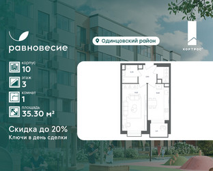 Планировка однокомнатной(квартира) площадью 35.3 квадратных метров в ЖК “ЖК Равновесие”