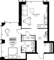 Планировка однокомнатной(квартира) площадью 61.5 квадратных метров в ЖК “ЖК Веер”