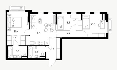 Планировка трехкомнатной(квартира) площадью 66.2 квадратных метров в ЖК “ЖК Зеленый парк”