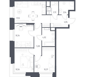 Планировка трехкомнатной(апартаменты) площадью 69.27 квадратных метров в ЖК “ЖК Апарт-отель Тропарево парк”