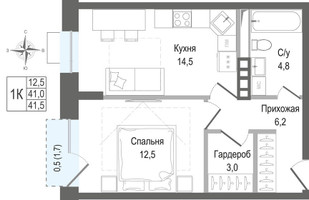 Планировка однокомнатной(квартира) площадью 41 квадратных метров в “ЖК КИНОКВАРТАЛ”
